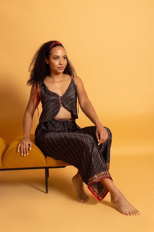Athen Silk Pants Black & Red Flowers