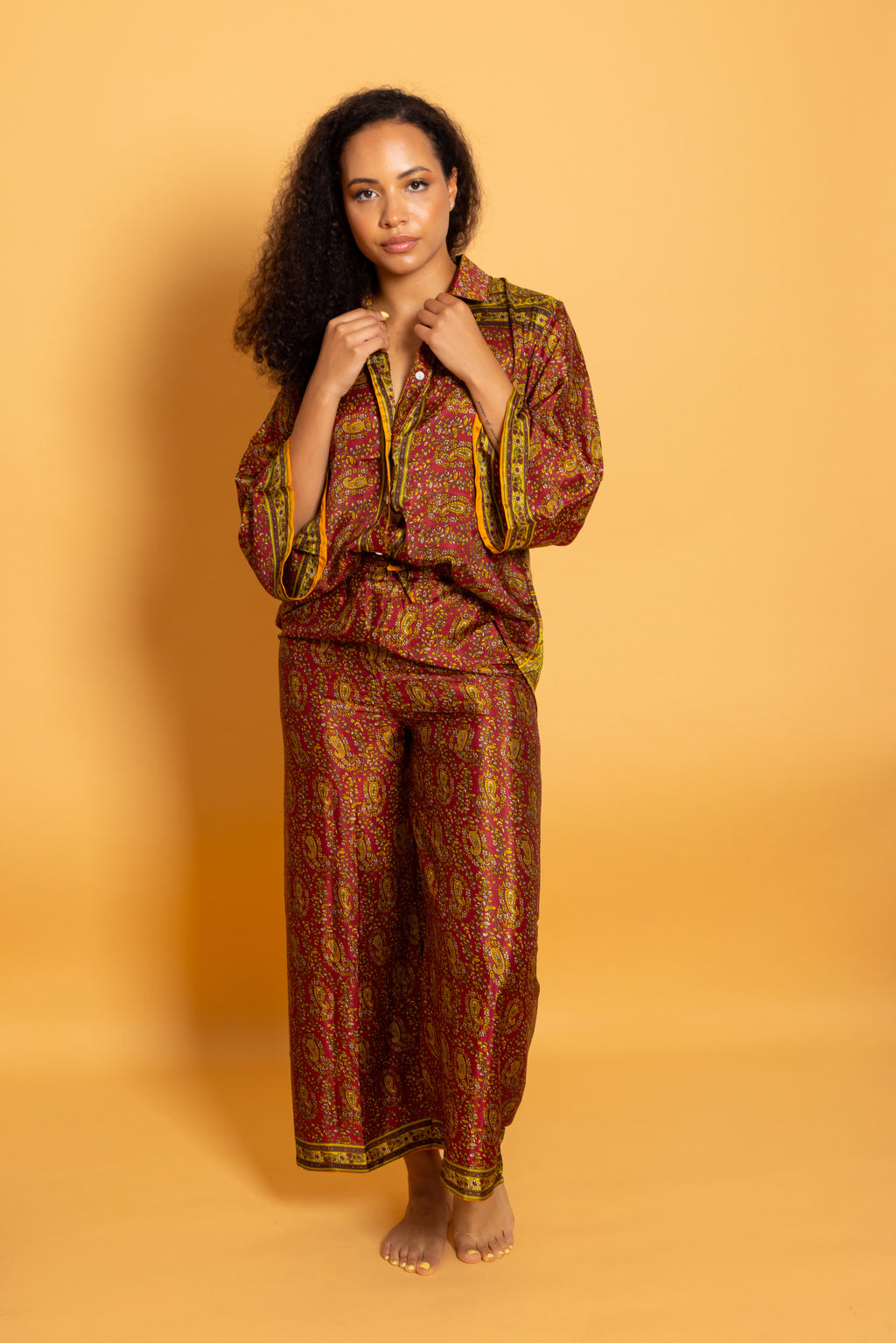 Athen Silk Pants Golden Bordeaux Paisley