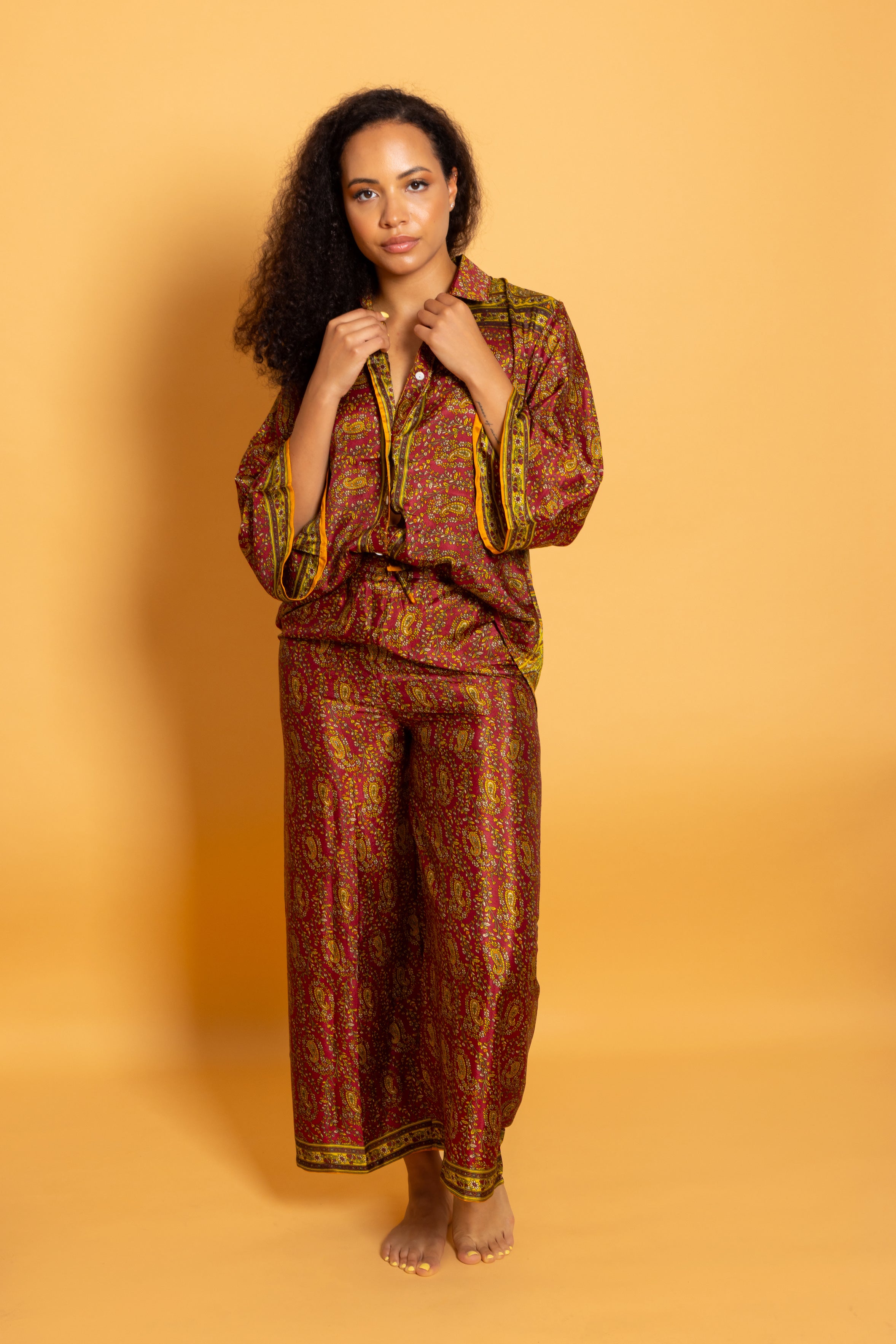 Athen Silk Pants Golden Bordeaux Paisley