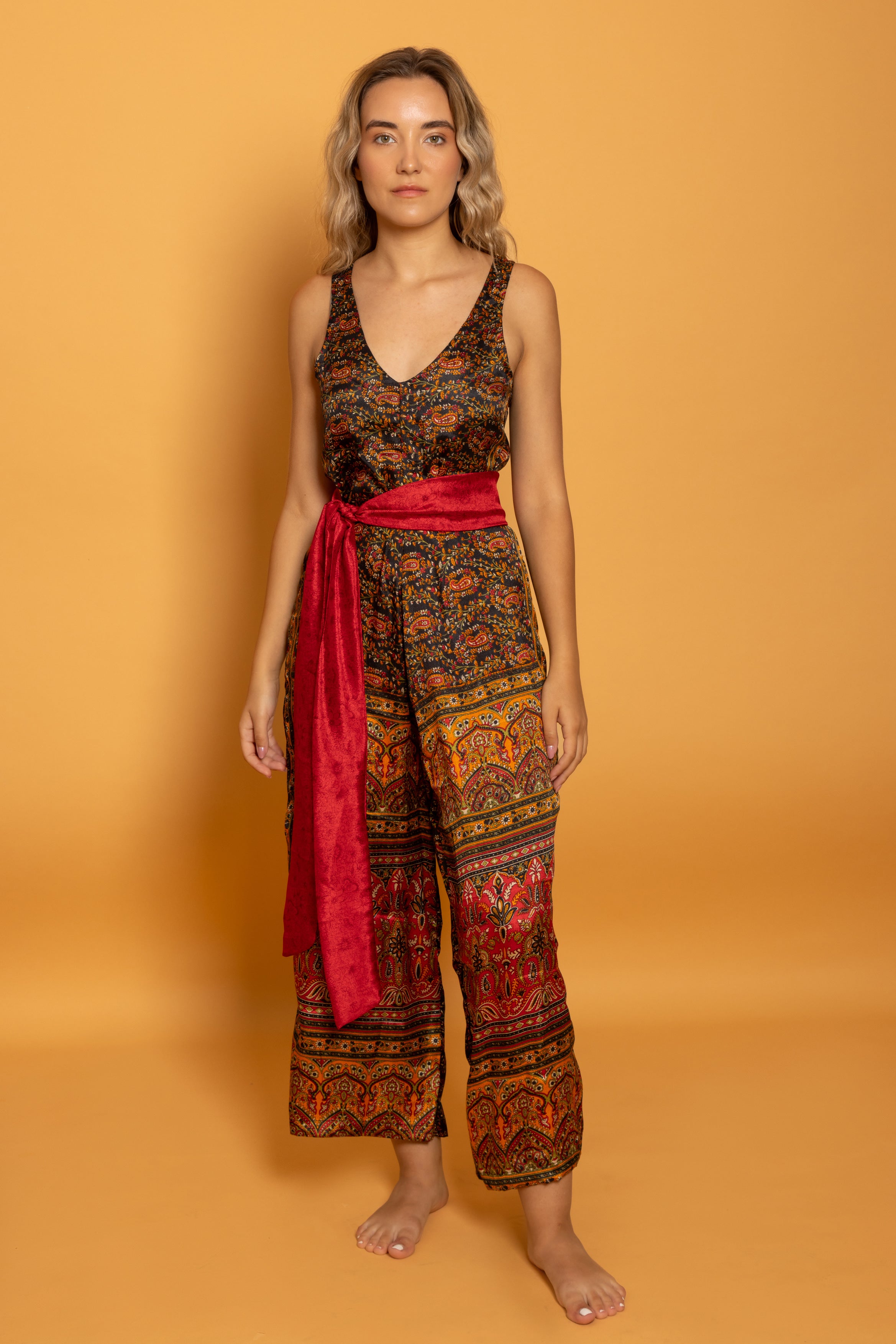 Ibiza Silk Jumpsuit Black & Red Paisley