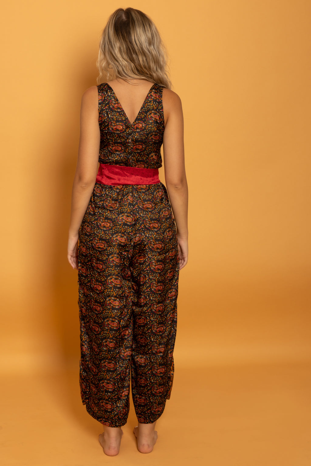 Ibiza Silk Jumpsuit Black & Red Paisley